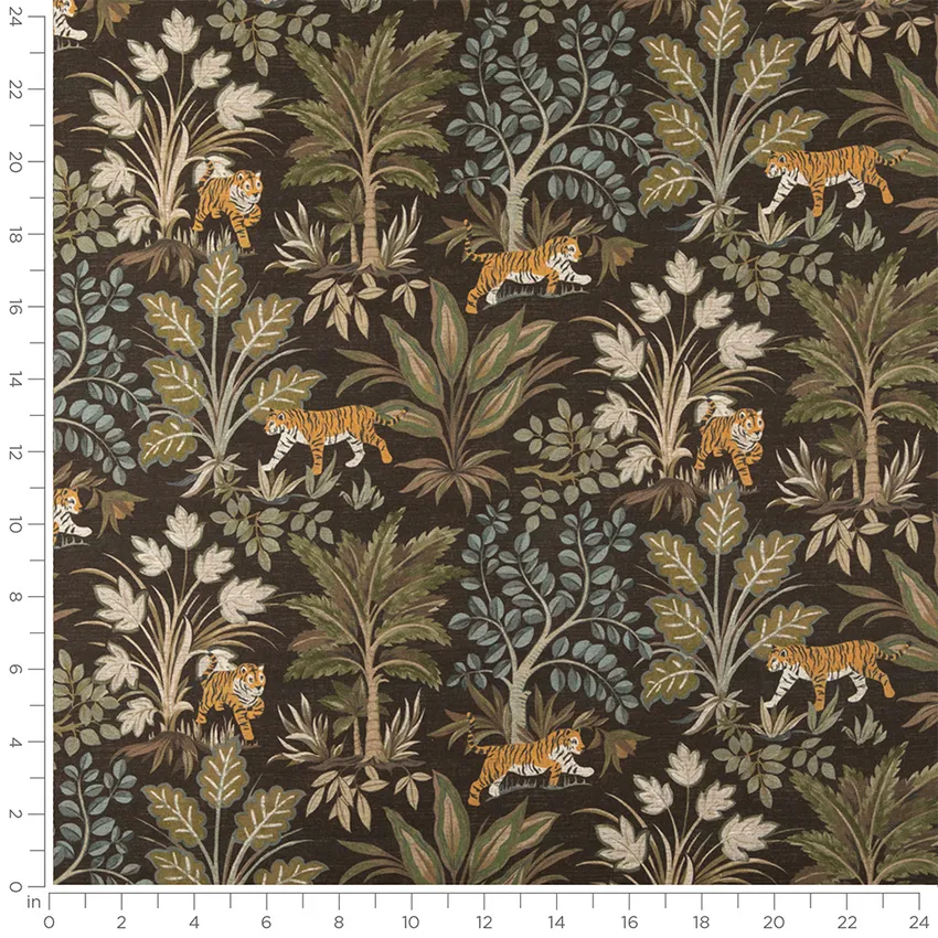 Rajah Shale Black and Green Global Linen & Linen Looks Drapery and Upholstery Fabric by the Yard — Scale in inches