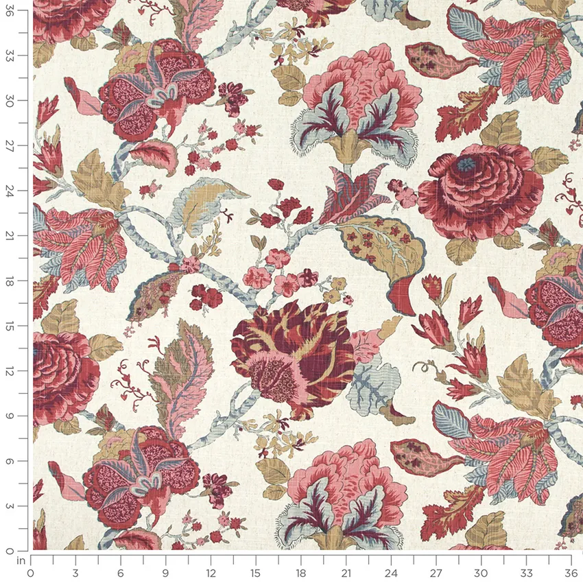 Antonia Rose Red & Burgundy Floral Linen & Linen Looks Drapery and Upholstery Fabric by the Yard — Scale in inches