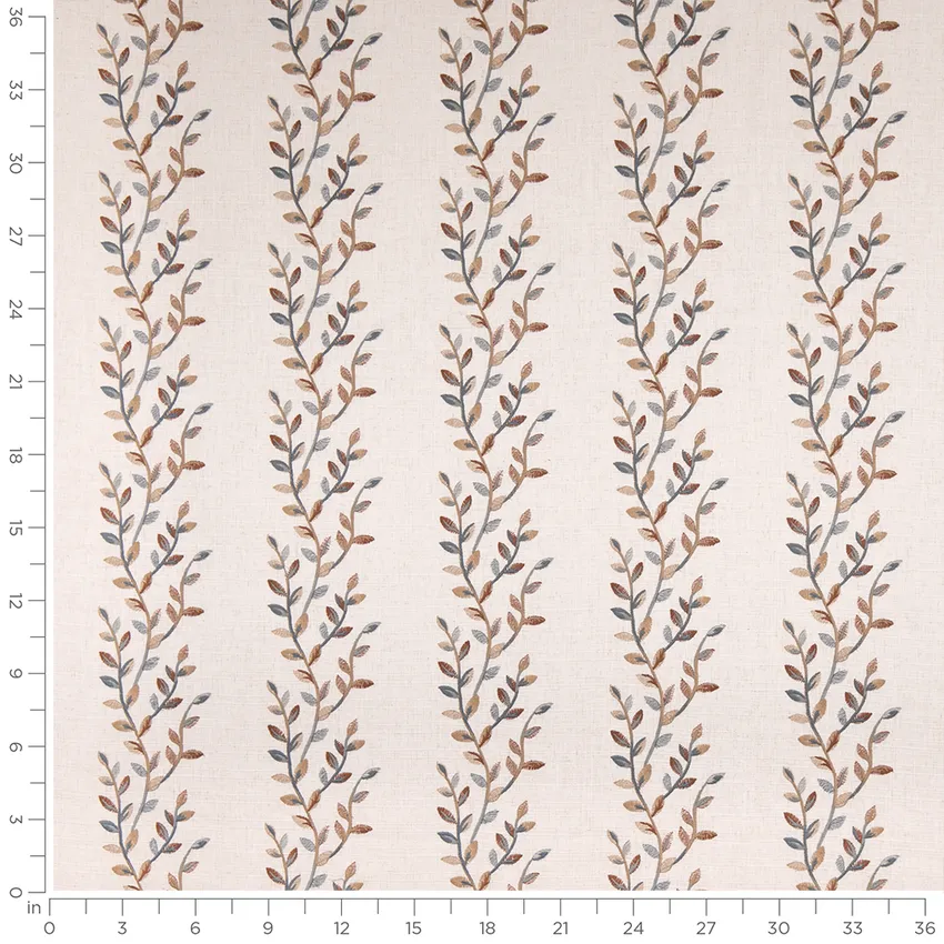 Mary Henna Orange & Rust and Red & Burgundy Abstract & Geometric Embroidery Drapery and Upholstery Fabric by the Yard — Scale in inches