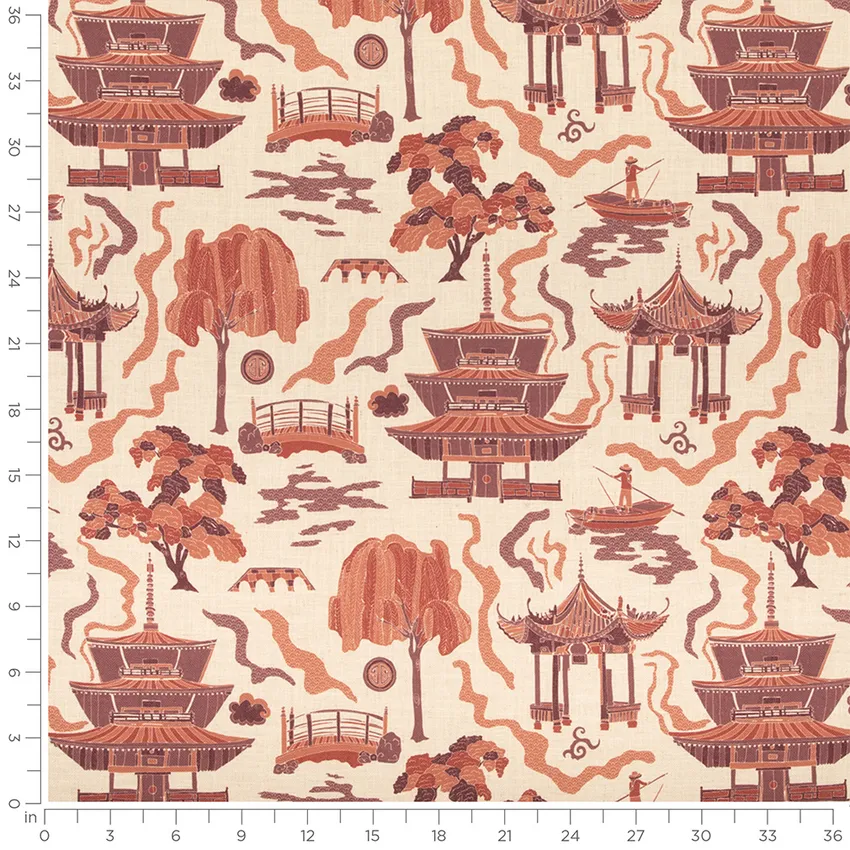 Yuki Crimson Orange & Rust and Red & Burgundy Abstract & Geometric Linen & Linen Looks Drapery and Upholstery Fabric by the Yard — Scale in inches