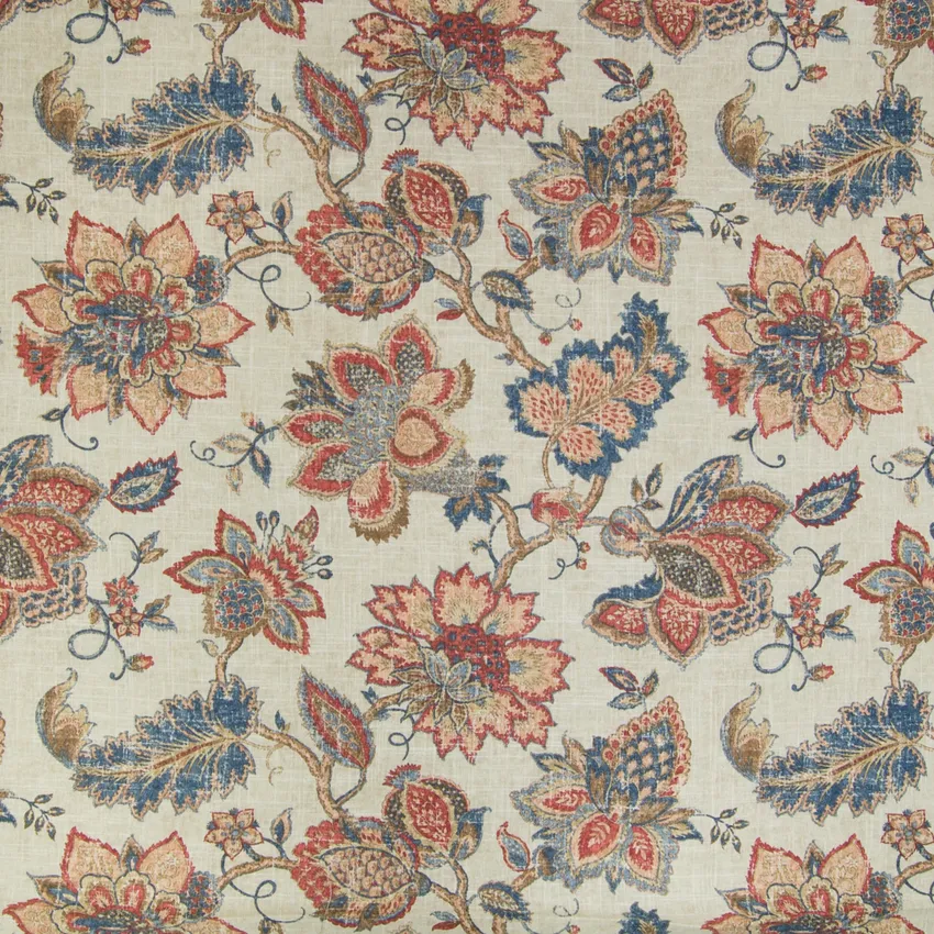Vintage Red Blue and Red Floral Prints Upholstery Fabric by the Yard