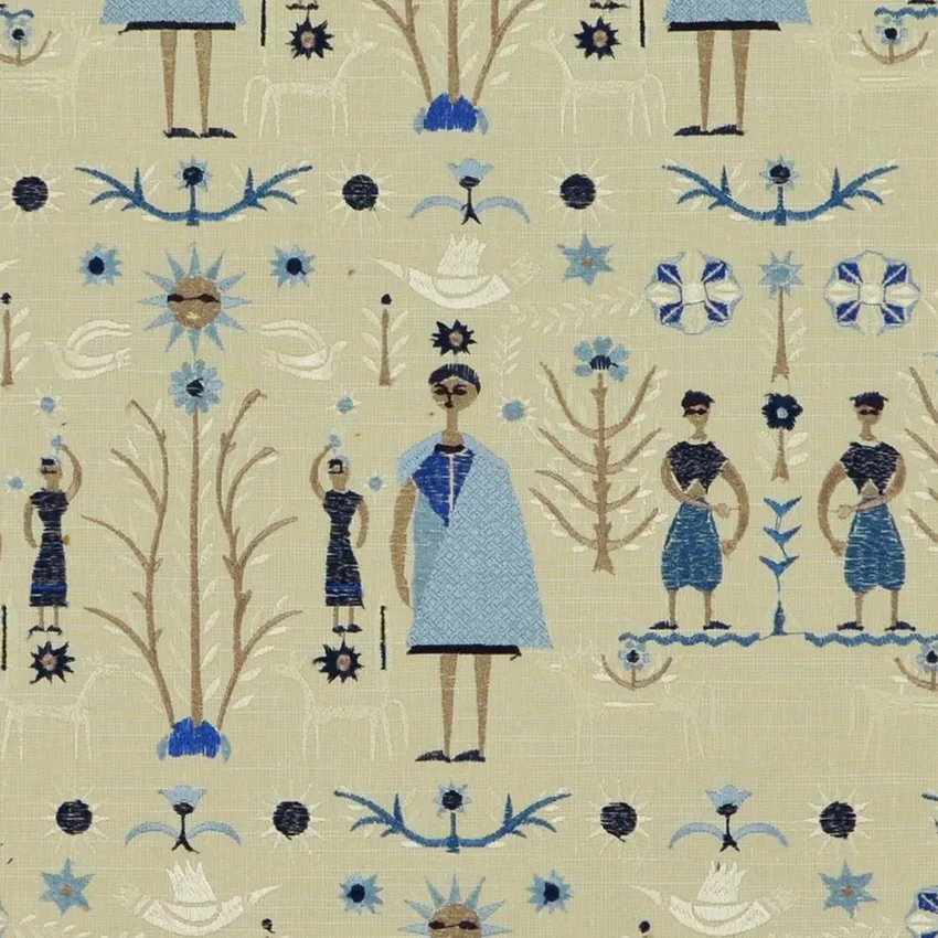 Dream Blue Cream and Light Blue Global Embroidery Drapery and Upholstery Fabric by the Yard