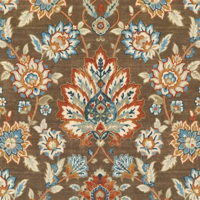 Chocolate Brown and Light Blue Global Print Drapery and Upholstery Fabric by the Yard