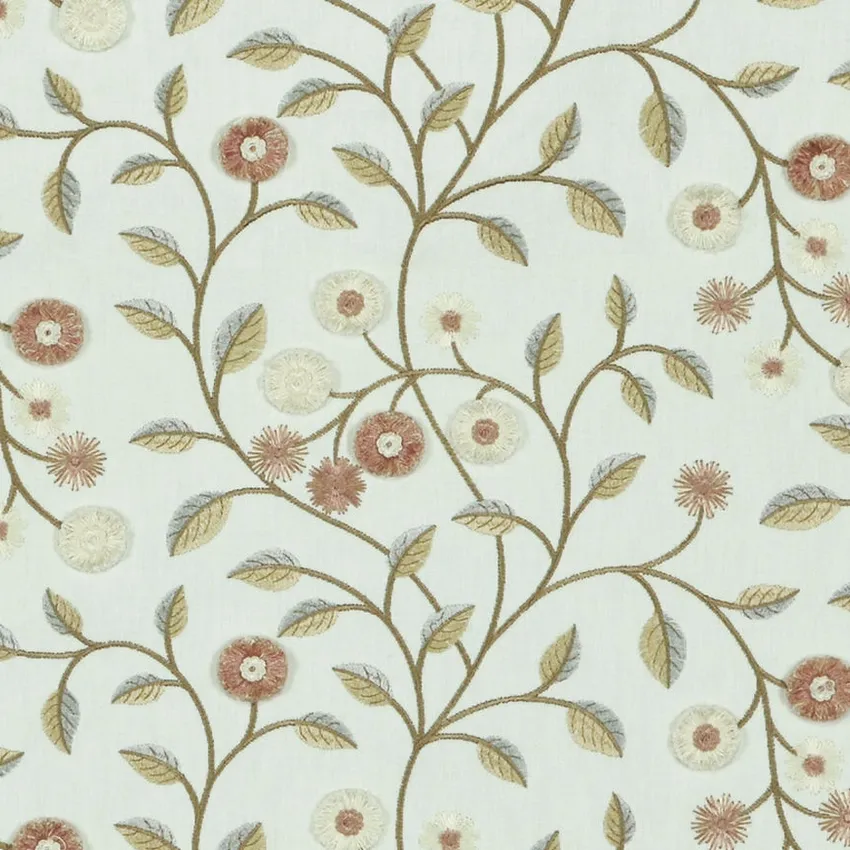 Bella Pink Light Pink and Mushroom Floral Embroidery Drapery and Upholstery Fabric by the Yard