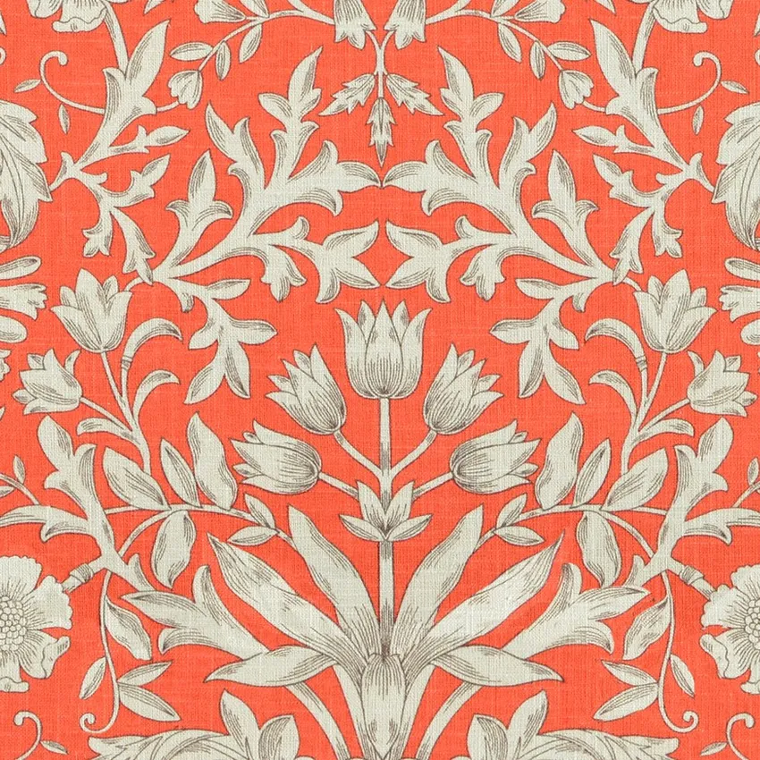 Coral Red Coral and Cream Damask Print Drapery and Upholstery Fabric by the Yard