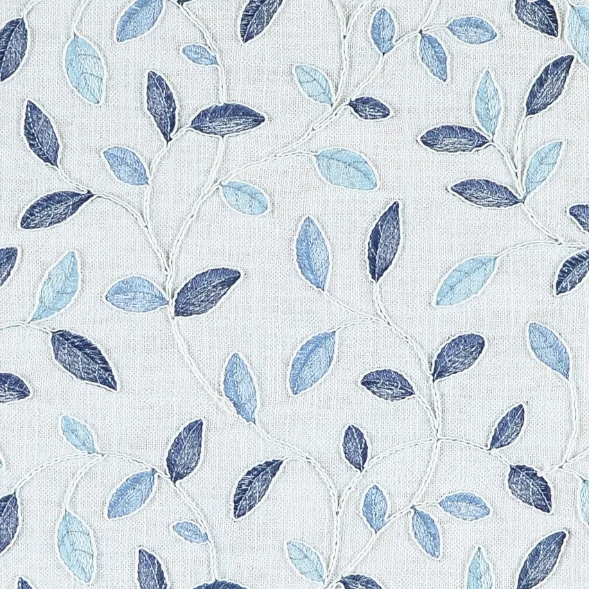 Denim Light Blue and Navy Foliage Embroidery Drapery and Upholstery Fabric by the Yard