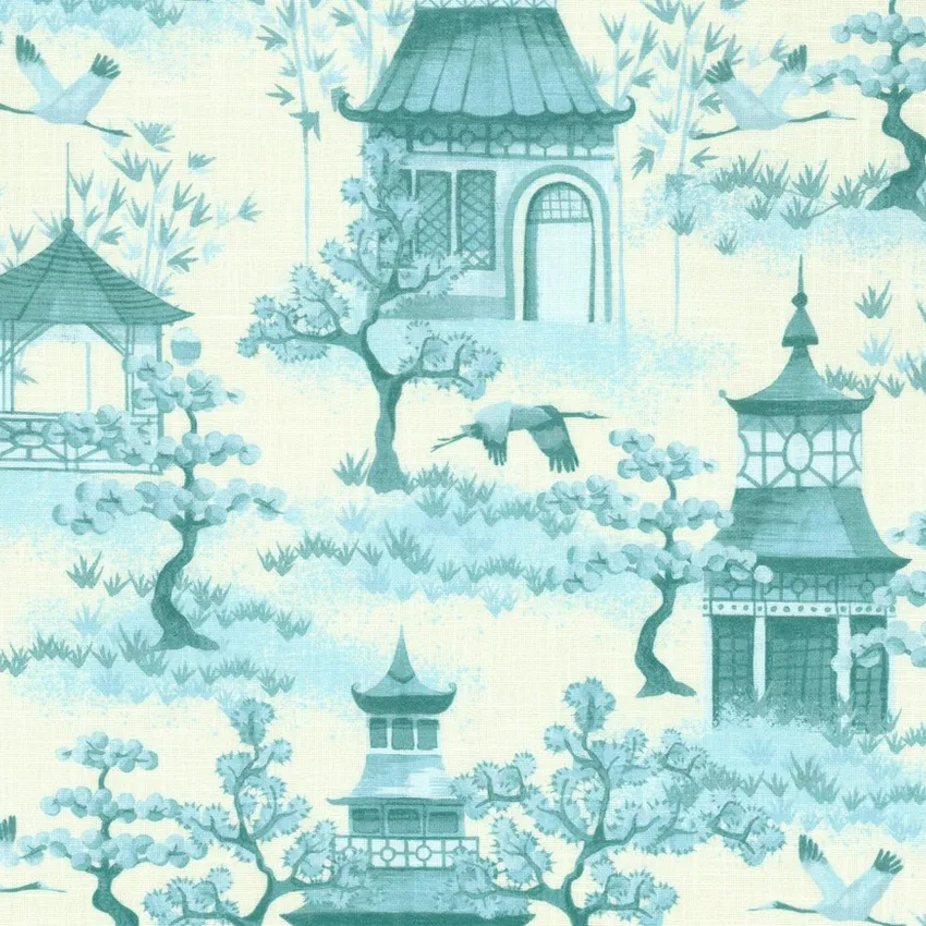 Teal Cream and Dusty Blue Global Print Drapery and Upholstery Fabric by the Yard