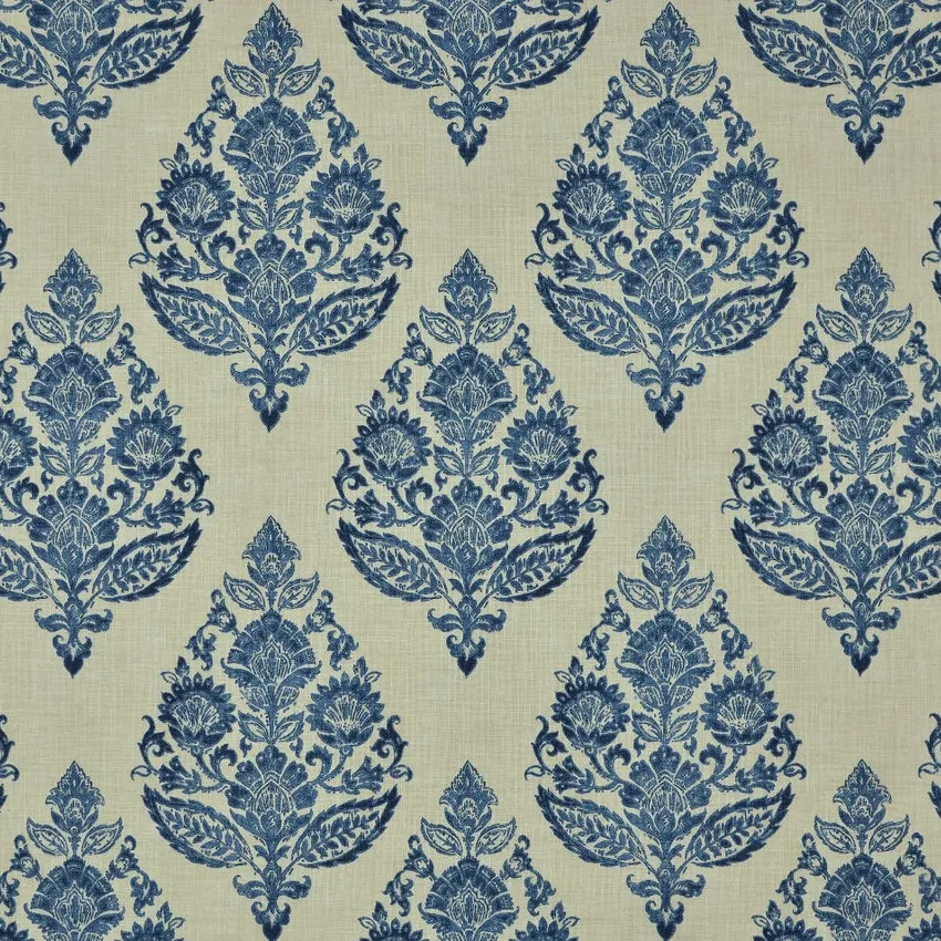 Antique Blue Cream and Navy Global Print Drapery and Upholstery Fabric by the Yard