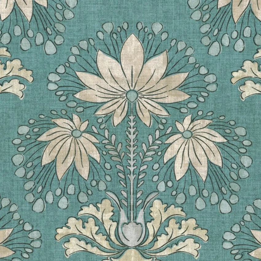 Teal Beige and Teal Floral Print Drapery and Upholstery Fabric by the Yard