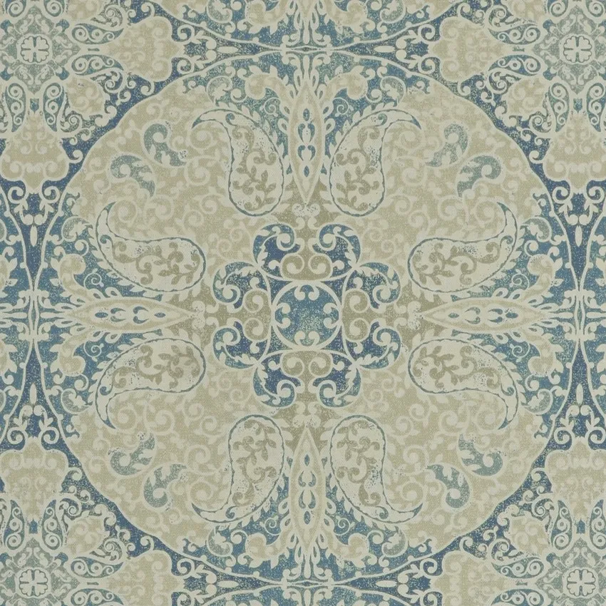 Mist Mushroom and Royal Blue Global Print Drapery and Upholstery Fabric by the Yard