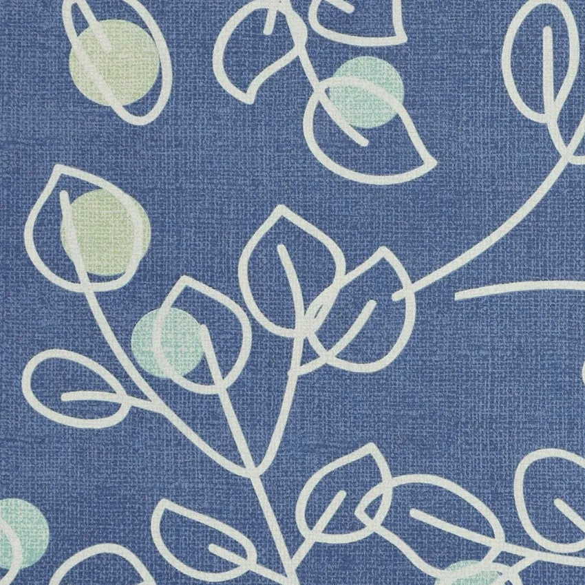 Blue Cream and Royal Blue Foliage Print Drapery and Upholstery Fabric by the Yard