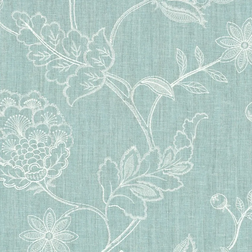 Vapor Dusty Blue and Spa Blue Floral Embroidery Drapery and Upholstery Fabric by the Yard