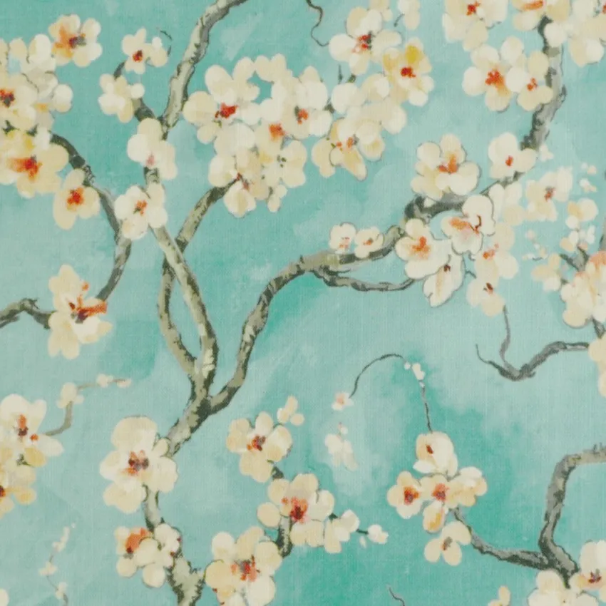 Spa Cream and Light Blue Floral Print Drapery and Upholstery Fabric by the Yard