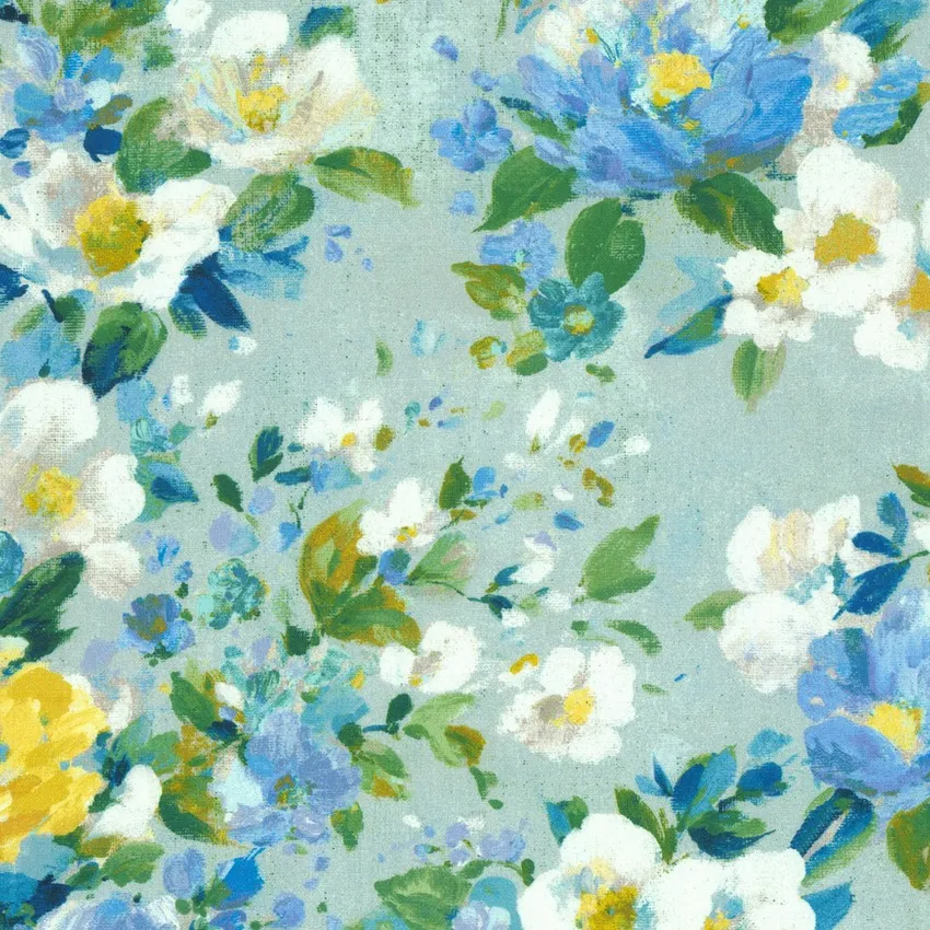 Caribbean Dusty Blue and Green Floral Print Drapery and Upholstery Fabric by the Yard