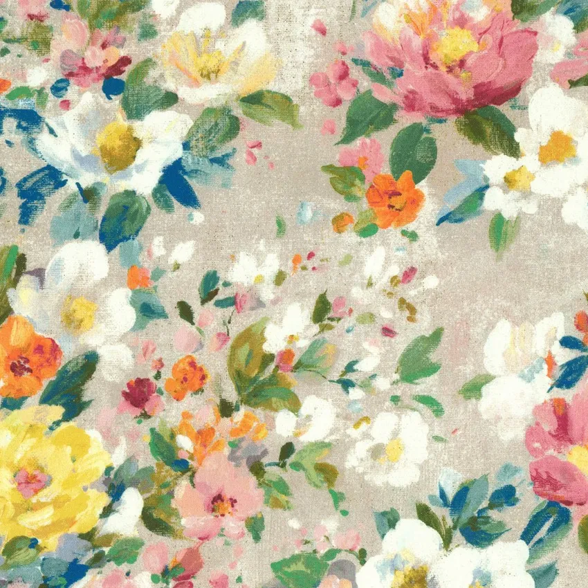 Spring Beige and Dusty Blue Floral Print Drapery and Upholstery Fabric by the Yard