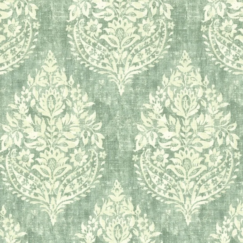 Silver Sage Cream and Seafoam Damask Print Drapery and Upholstery Fabric by the Yard