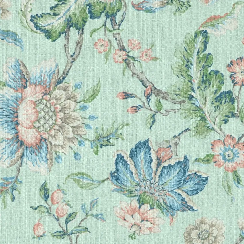 Seafoam Leaf Green and Light Pink Floral Print Drapery and Upholstery Fabric by the Yard
