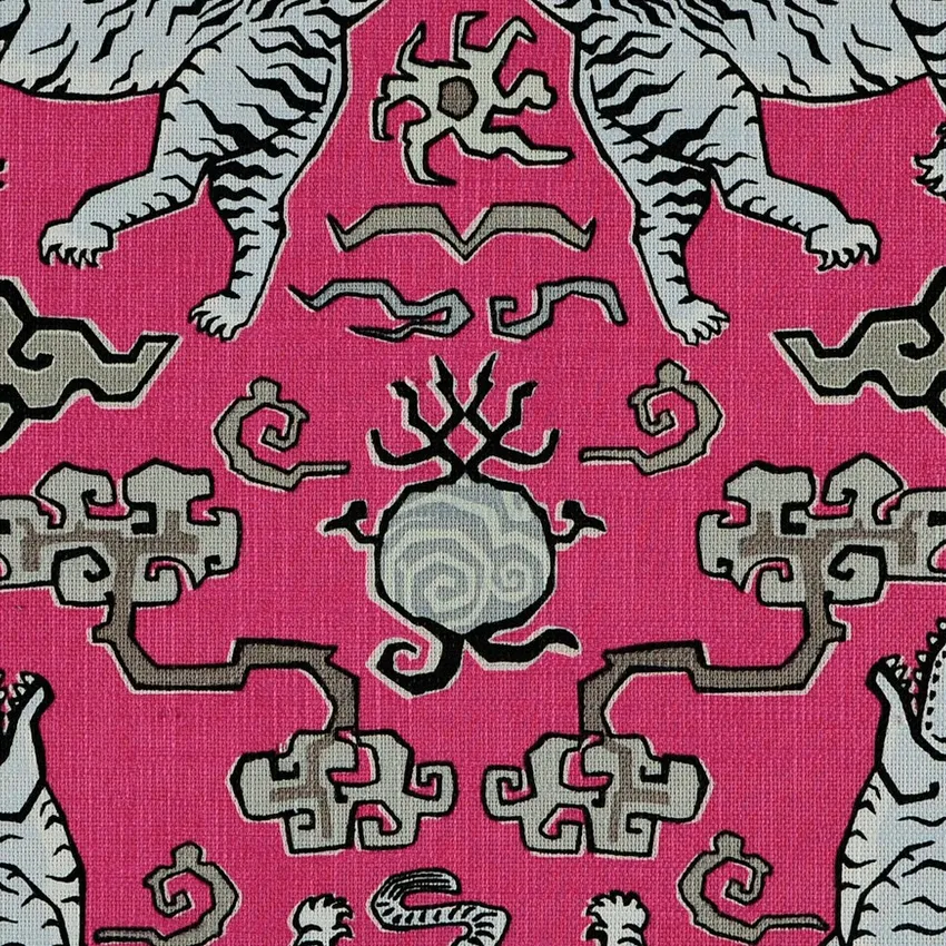 Fuchsia Black and Gray Animal Prints Embroidery Drapery and Upholstery Fabric by the Yard