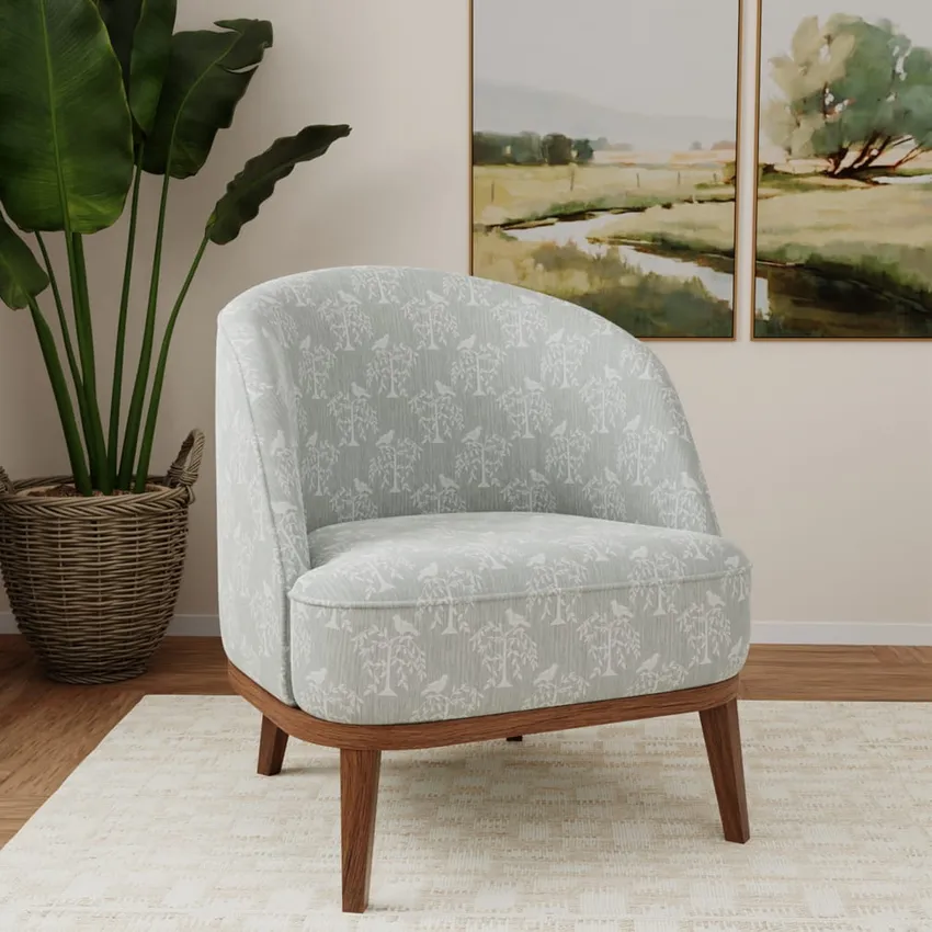 Willow Breeze Aqua & Teal Leaves Woven Patterns Drapery and Upholstery Fabric by the Yard — Fabric on furniture