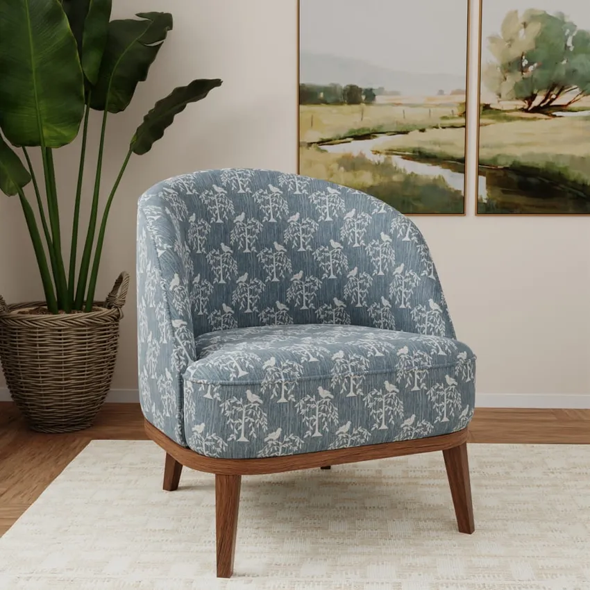 Willow Sky Blue Leaves Woven Patterns Drapery and Upholstery Fabric by the Yard — Fabric on furniture