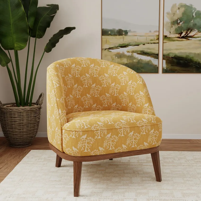 Willow Amber Gold & Yellow Leaves Woven Patterns Drapery and Upholstery Fabric by the Yard — Fabric on furniture