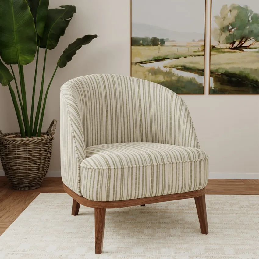 Hearth Fern Green Stripe Woven Patterns Drapery and Upholstery Fabric by the Yard — Fabric on furniture