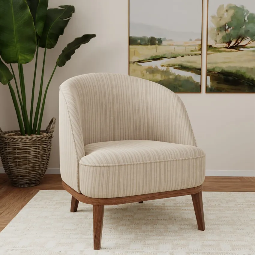 Hearth Fawn Beige & Taupe Stripe Woven Patterns Drapery and Upholstery Fabric by the Yard — Fabric on furniture