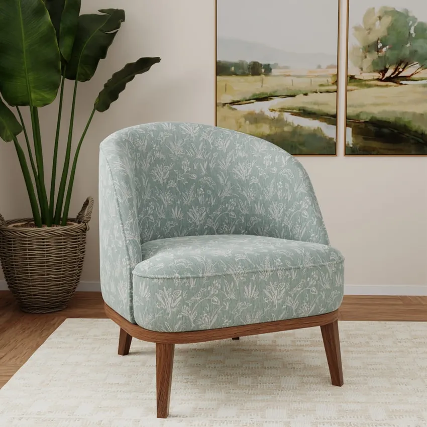 Briar Breeze Aqua & Teal Floral Woven Patterns Drapery and Upholstery Fabric by the Yard — Fabric on furniture