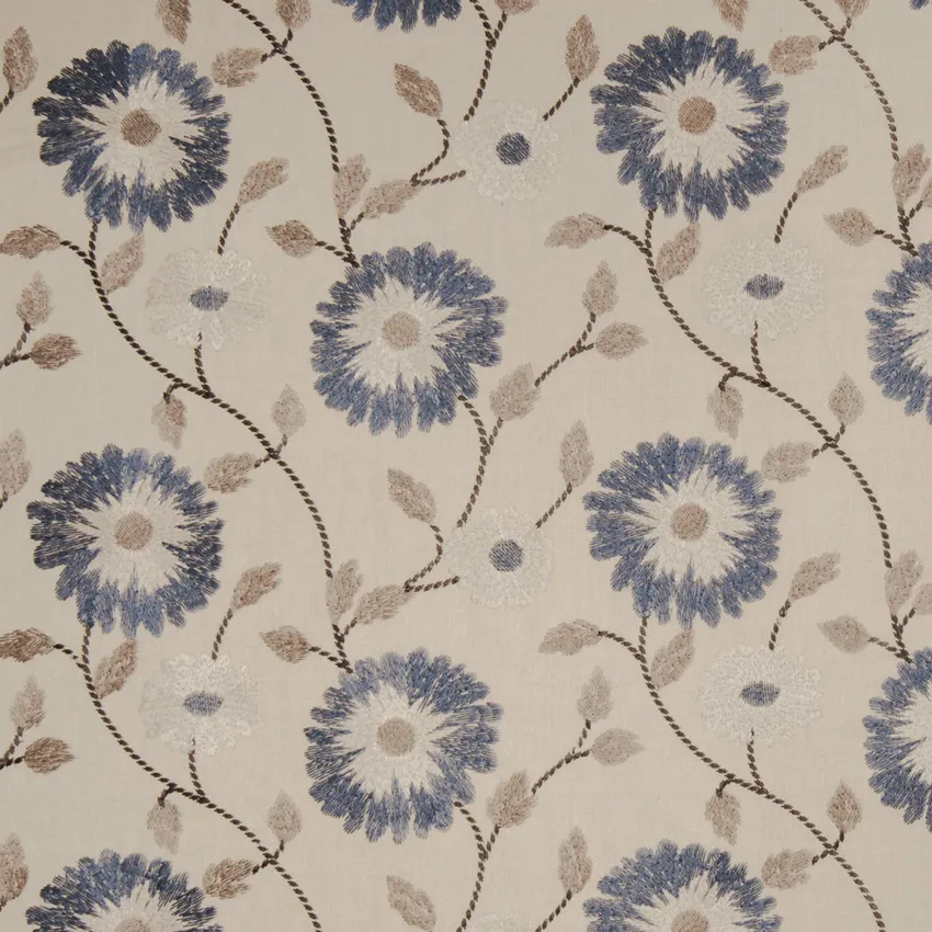 Wedgwood Blue Embroidery Floral Crewels  Drapery Fabric by the Yard