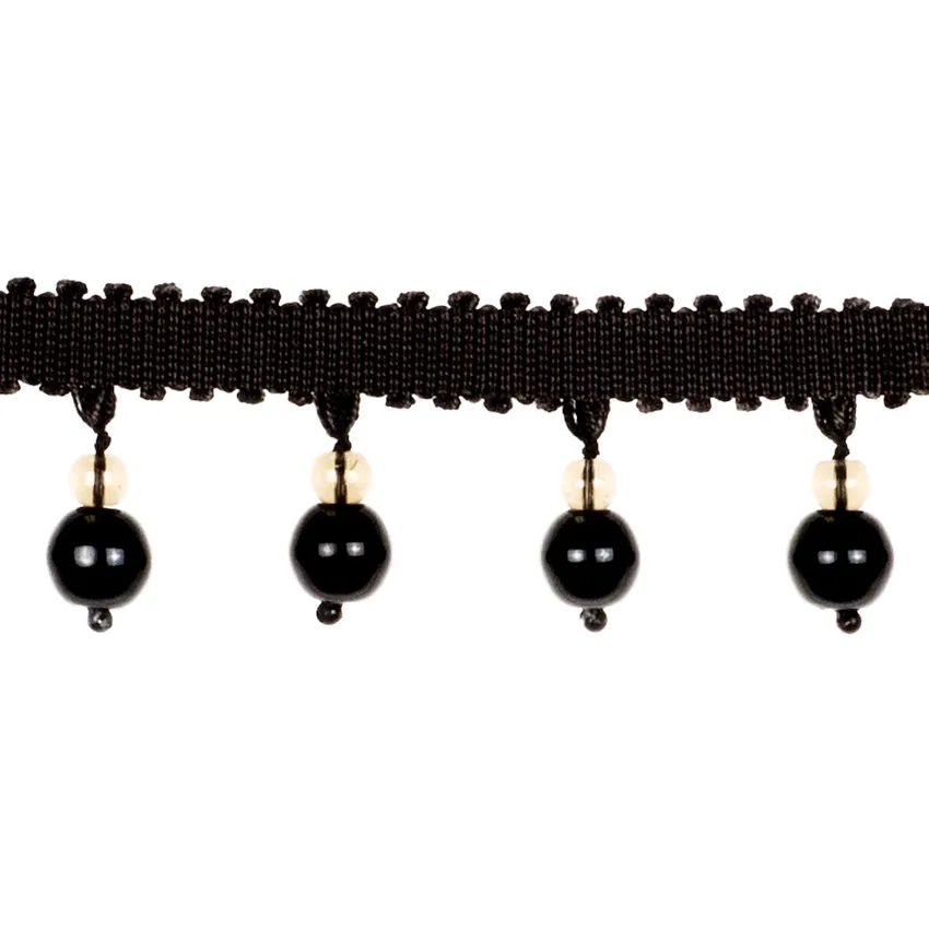 S0940 Licorice Black Beaded Trimmings Upholstery Fabric by the Yard