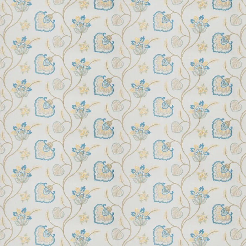 Aqua  Embroidery Floral Crewels  Drapery Fabric by the Yard