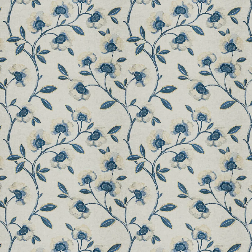 Indigo Blue Embroidery Floral Crewels Drapery and Upholstery Fabric by