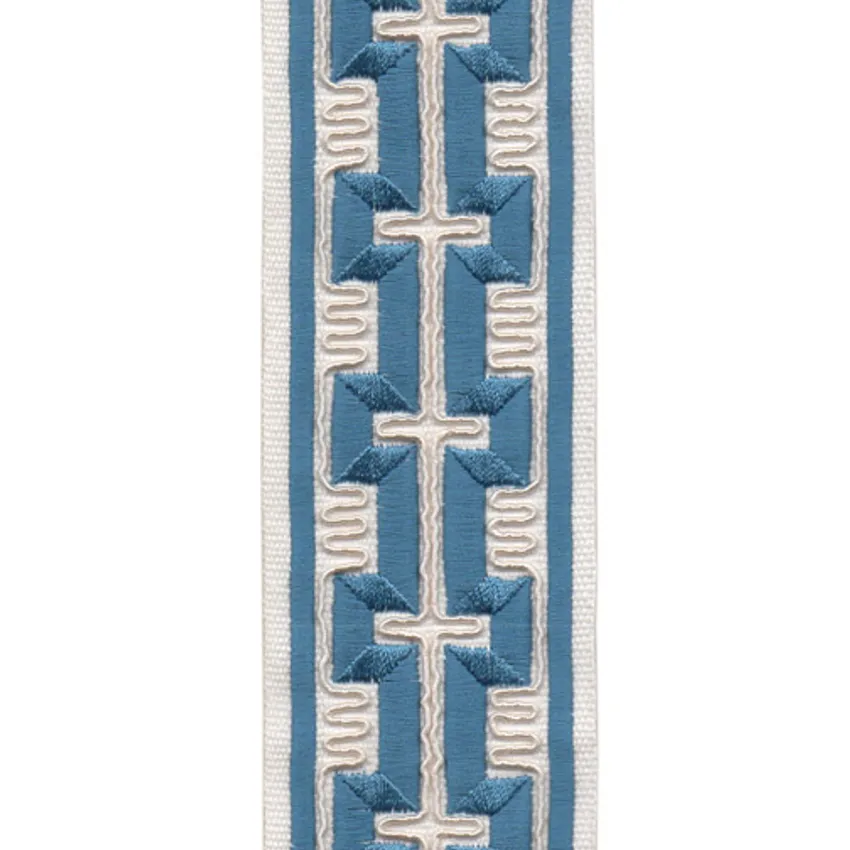 Ivory Blue Ivory and Blue Embroidered Trim Drapery and Upholstery Fabric by the Yard