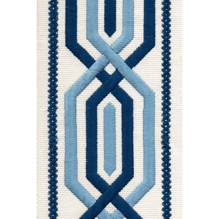 Ivory Blue Ivory and Blue Embroidered Trim Drapery and Upholstery Fabric by the Yard