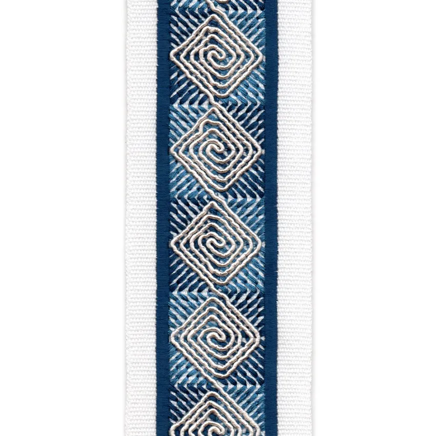 Ivory Navy Ivory and Navy Embroidered Trim Drapery and Upholstery Fabric by the Yard