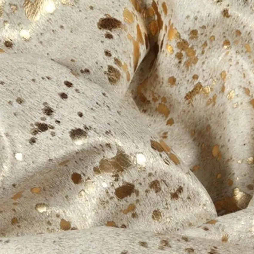 Devore Gold On White 100% Genuine Leather With Hair, Metallic Acid Wash From South America by the Hide — Upholstery Fabric