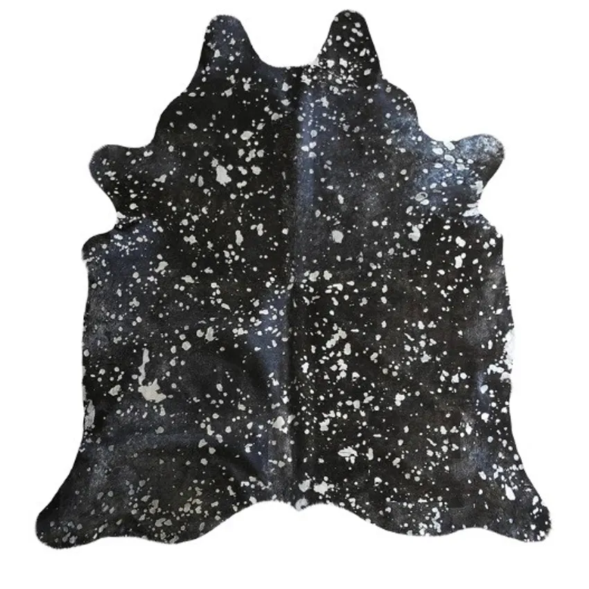 Silver On Black 100% Genuine Leather With Hair, Metallic Acid Wash From South America by the Hide — Upholstery Fabric