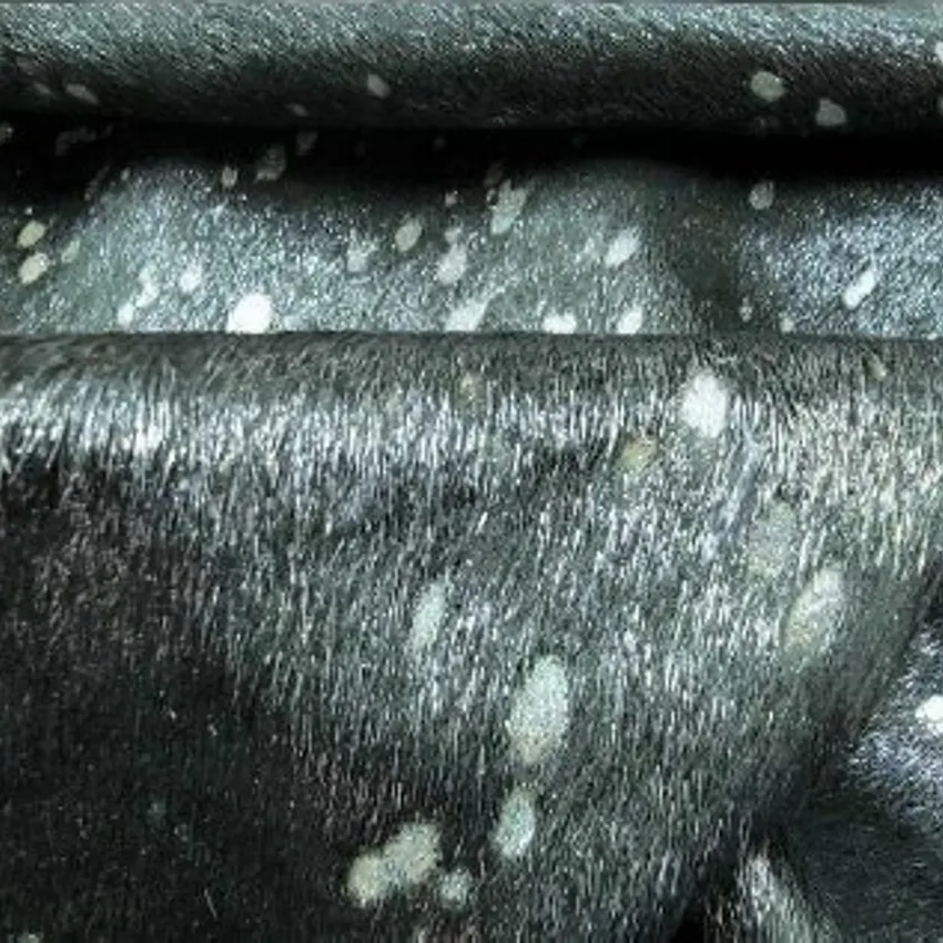 Silver On Black 100% Genuine Leather With Hair, Metallic Acid Wash From South America by the Hide — Upholstery Fabric