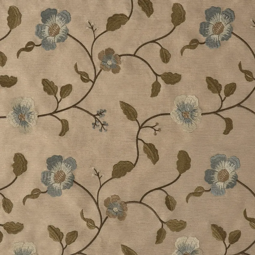Almond Blue and Brown Floral Embroidery Upholstery Fabric by the yard