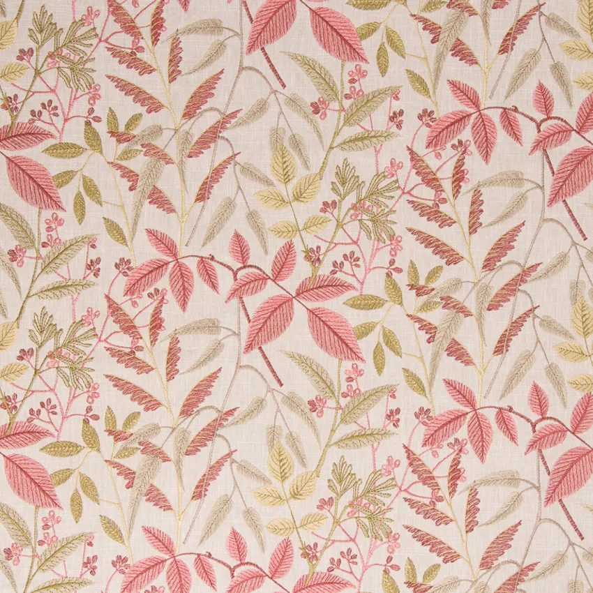 Bloom Pink Foliage Embroidery Upholstery Fabric by the Yard