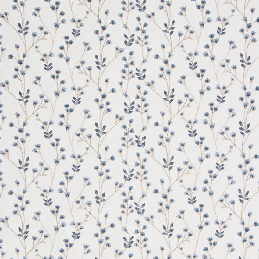 Bluebell Blue Floral Embroidery Upholstery Fabric by the Yard