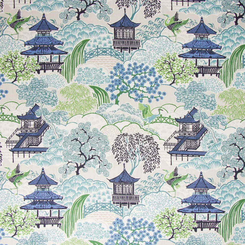 Seawind Teal and Aqua Scenic Print Upholstery Fabric by the Yard