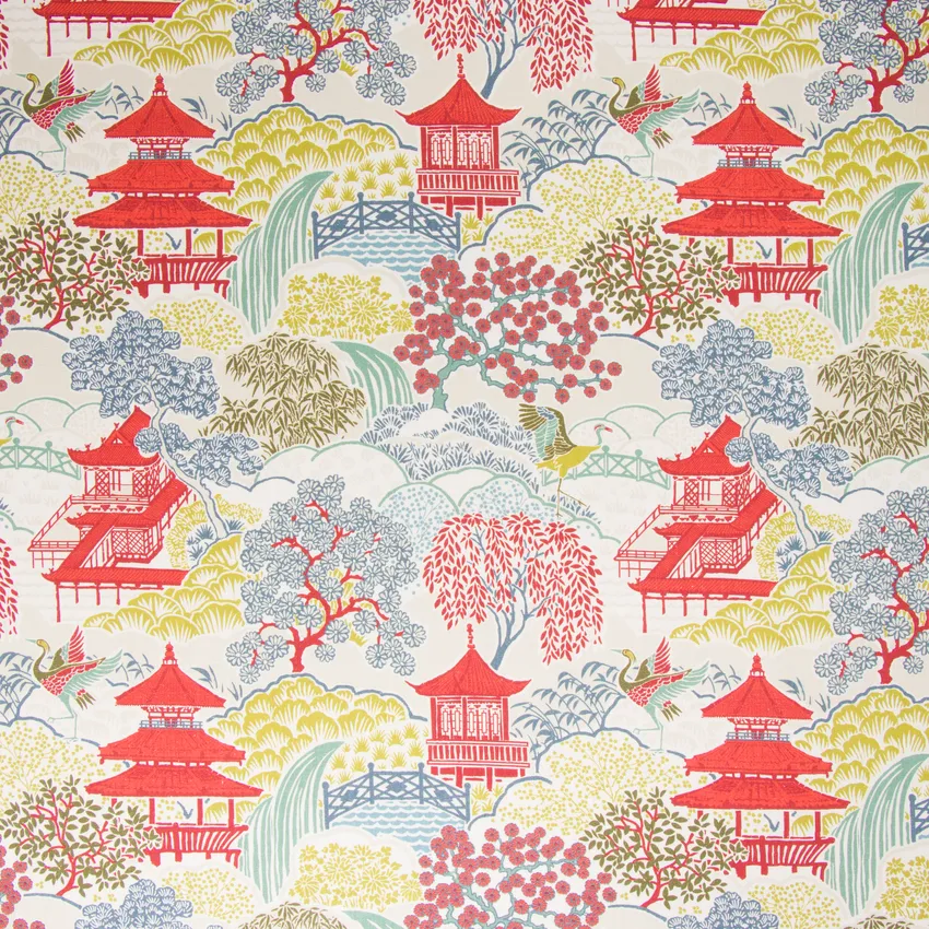 Spice Garden Orange and Coral Scenic Print Upholstery Fabric by the Yard