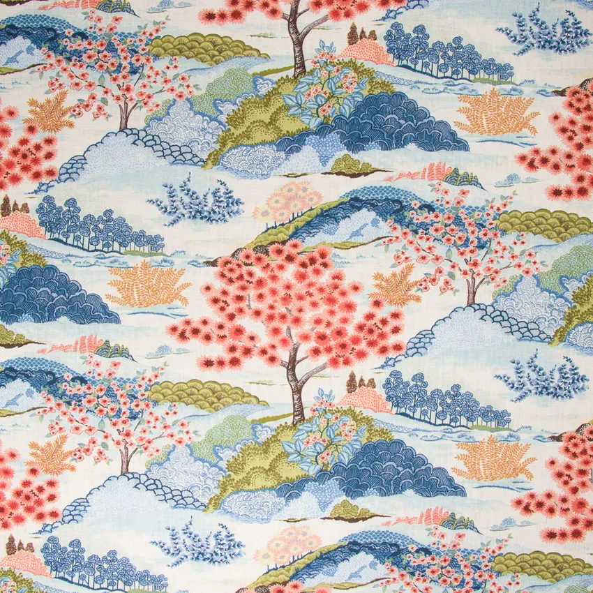 Coral  Orange and Coral Scenic Print Upholstery Fabric by the Yard